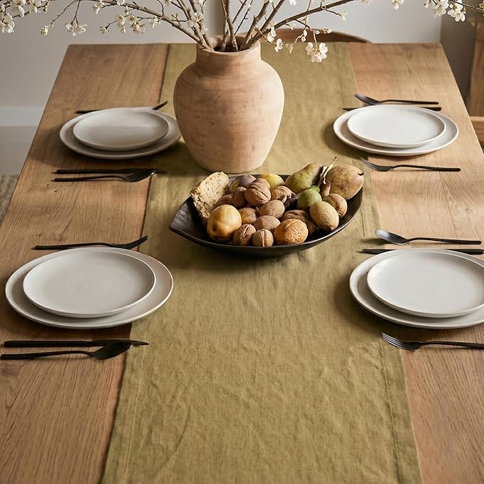Solino Home Linen Table Runner 36 Inches - 100% Pure Linen Kelp Table Runner 14 x 36 Inch Ideal for Dresser and Coffee Tables, Spring, Summer, Mothers Day - Diana Medium Weight
