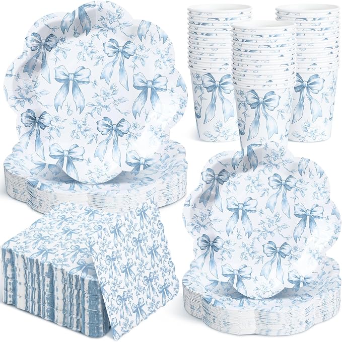 Newtay 250 Pcs Blue Bow Floral Disposable Plates and Napkins Bow Coquette Disposable Tableware Set for 50 Guests Blue Flower Paper Plates Napkins Cups for Wedding Bridal Shower Party Supplies