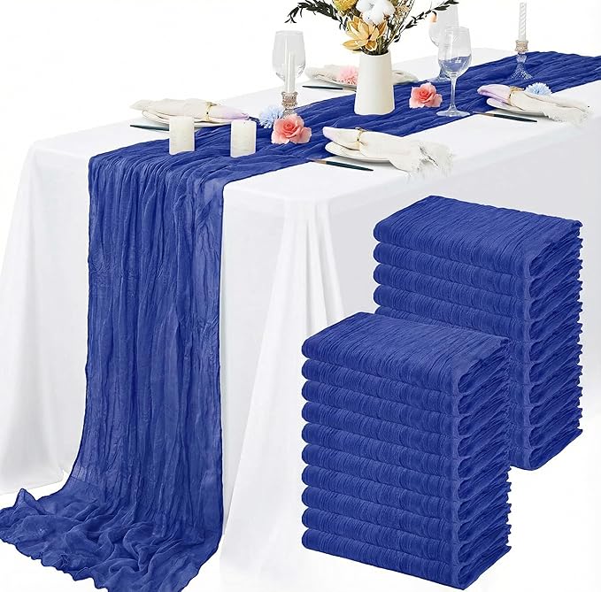8 Packs Cheesecloth Table Runner 10FT Long Boho Gauze Fabric Table Runner Vintage Rustic Sheer Runners for Wedding Party Bridal Baby Shower Table Decorations (Royal Blue)