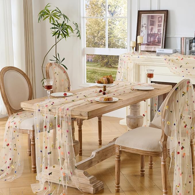 BINBE 3pcs Champagne Daisy Spring Table Runner Embroidery Gauze 10FT Florals Seasonal Tulle Holiday Birthday Kitchen Dining Table Decor for Home Party