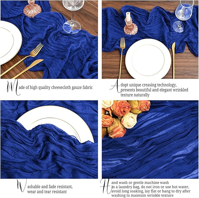 24 Pack Royal Blue Table Runners 10Ft Cheesecloth Table Runner Rustic Gauze Table Runner Romantic Long Sheer Fabric Cheese Cloth Table Runner for Wedding Party Bridal Baby Shower