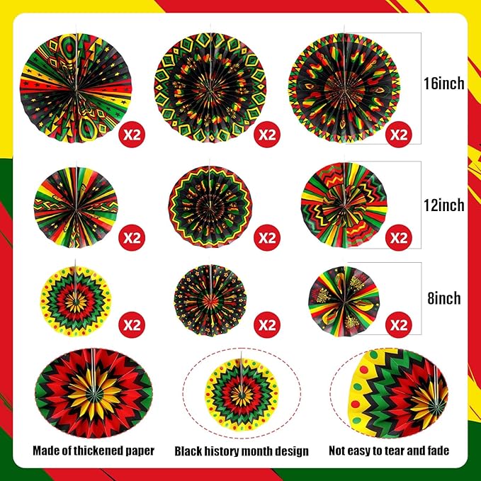 Outus Black History Month Decorations Paper Fans Juneteenth Hanging Paper Fans Kente Ceiling Wall Garland for African American Party Bulletin Board Classroom Decor (18 Pcs,Design)