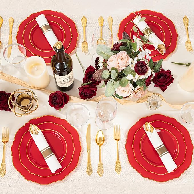 Liacere 175PCS Red Plastic Plates - Red Disposable Plates With Gold Rim -25Guest Baroque Plastic Dinnerware include 50Plates-25Pack Pre Rolled Napkins with Silverware 25Cups for Wedding & Mothers Day