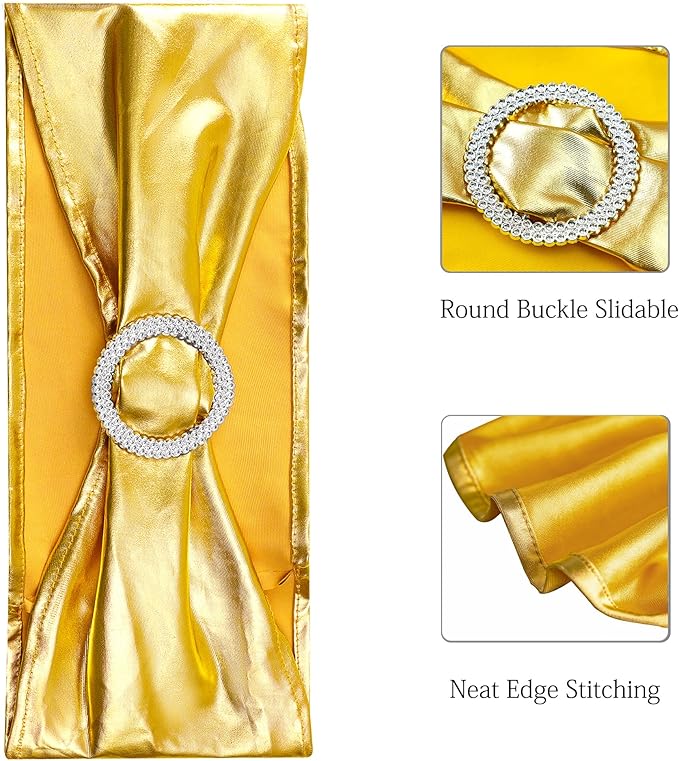 Wedding Spandex Metallic Gold Chair Sashes 100 Pack Chair Bands with Buckle Bronzing Gold Chairs Bows for Party Birthday Bridal Shower Engagement Anniversary Christmas Event Decorations