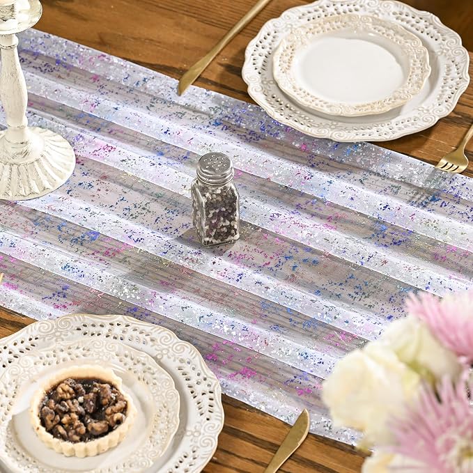 Artoid Mode 10PCS Colorful Gold Gauze Table Runner 120 Inch 10FT, Glitter Metallic Foil Sheer Dining Wedding Anniversary Holiday Birthday Table Decor for Home Party