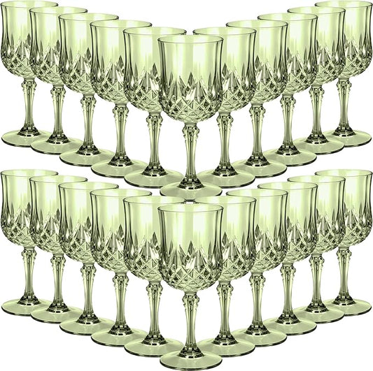 Sliner 48 Pcs Plastic Wine Glasses 7oz Vintage Drinking Goblets Unbreakable Crystal Water Glassware Reusable Diamond Champagne Flutes Cups for Wedding Banquet Birthday Party Supplies(Green)
