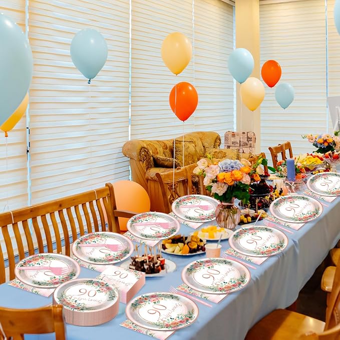 50 Guests 90th Party Decorations Plates Napkins Rose Gold Party Tableware Set Fabulous Party Supplies Women 90th Birthday Floral Paper Plates Napkins 200PCS