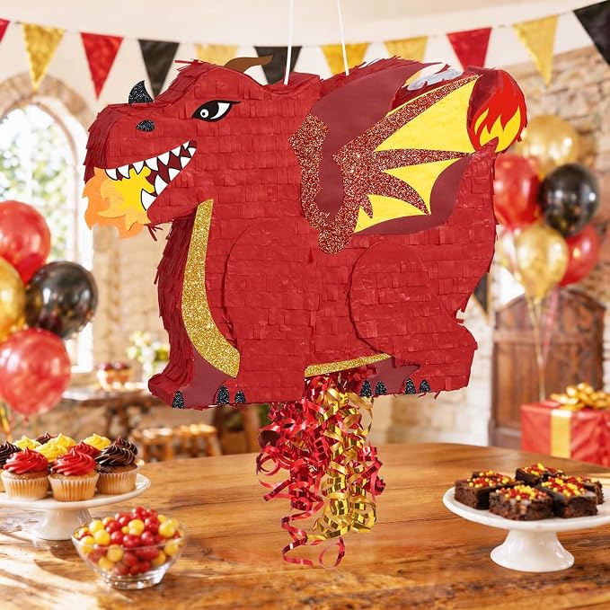 WERNNSAI Red Dragon Piñata - Dino Themed Piñata with Pull String, Stick and Blindfold, Piñata for Dragon Birthday Party Decorations Carnivals Games Supplies Summer Party (16.5"x12.4"x3")