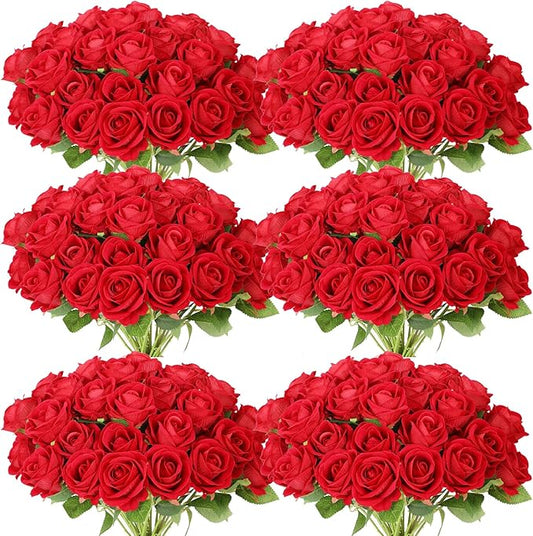102 PCS Red Roses Artificial Flowers, Fake Red Rose Bouquet, Artificial Silk Red Roses with Stems for DIY Wedding Flowers Decoration, Valentines Day Mothers Day, Bridal Bouquet Roses