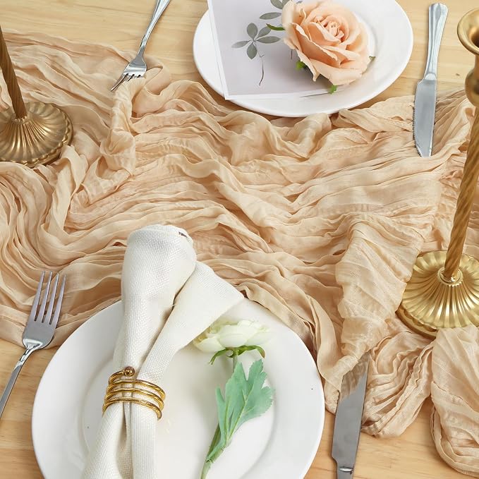 Sand Cheesecloth Table Runner 120 Inch 10FT Champagne Cheese Cloth Fabric Beige Runners 1 Pack for Wedding Decoration, Boho Decor, Retro Decoration