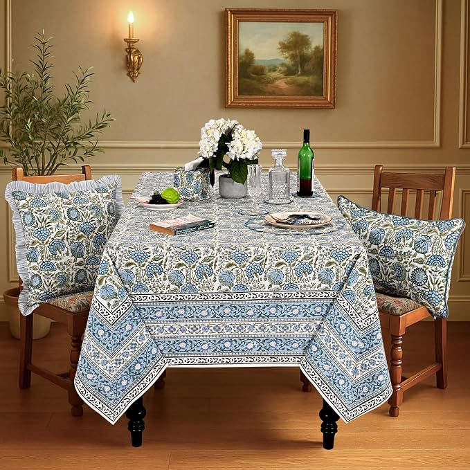 Ridhi Asparagus Green Hand Block Print Cotton Rectangle Tablecloth 140" x 72" inches Reusable Table Cover Decorative Everyday Use for Dining Room, Farmhouse, Home Gift for Spring, Mother's Day