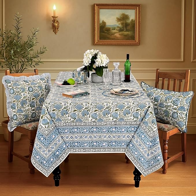 Ridhi Asparagus Green Hand Block Print Cotton Rectangle Tablecloth 118" x 70" inches Reusable Table Cover Decorative Everyday Use for Dining Room, Farmhouse, Home Gift for Spring, Mother's Day