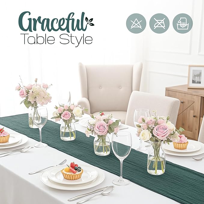 12 Pack Emerald Green Cheesecloth Table Runners 10FT Long – 35 x 120 Inch Boho Gauze Table Runners for Engagement, Wedding, Baby Shower & Home Decor – Soft Wrinkled Polyester Fabric