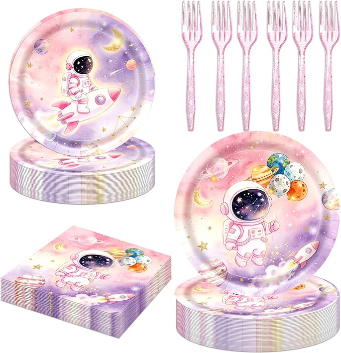96Pcs Space Birthday Decorations Solar System Paper Plates and Napkins Supplies for Astronaut Baby Shower Decor Pink Galaxy Planet Birthday Tableware Set Space Themed Party Decorations