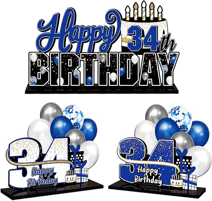 LINGTEER Happy 34th Birthday Blue Acrylic Table Topper Centerpieces Set - Cheers to 34 Years Old Birthday 34th Bday Party Gift Decorations.
