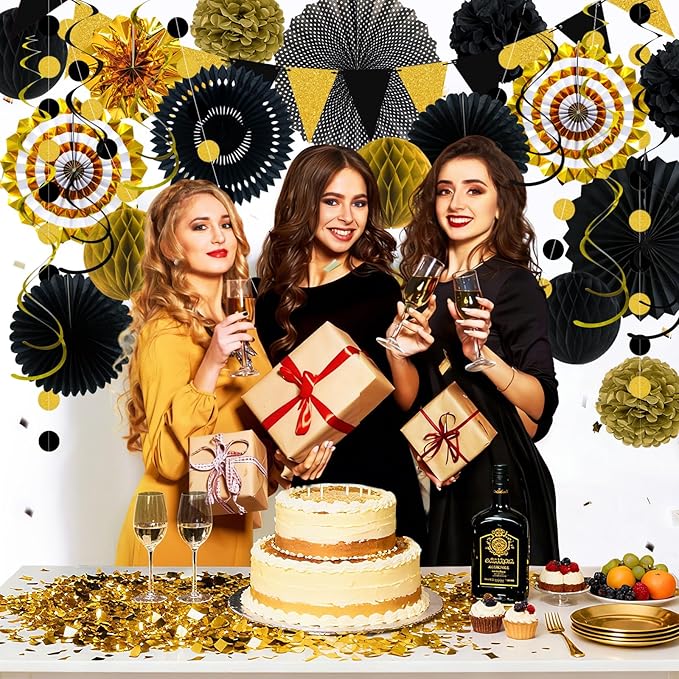 24 Pcs Black and Gold Party Decorations, Paper Fans Honeycomb Pom Poms Pennant Garland, Reusable Hanging Supplies for 2026 Graduation Birthday New Year Wedding Anniversary