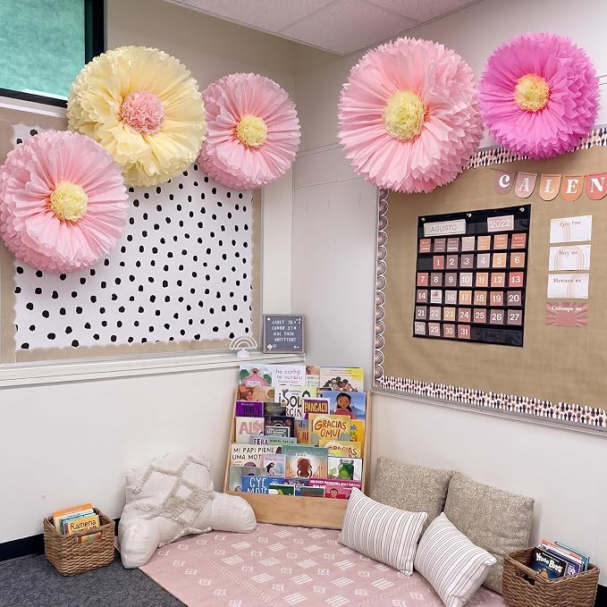 Chunful 5 Pcs 30'' 24'' Pink Giant Tissue Paper Flowers for Back to School Decor Large Hanging Crepe Paper Pom Poms for First Day of School Bulletin Board Welcome Party Decor