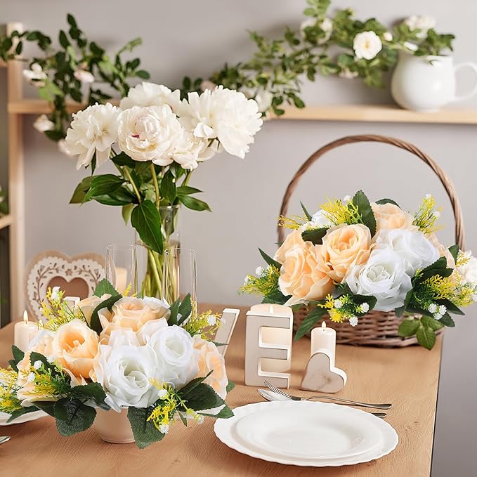 Hotop 12 Pcs Artificial Rose Flower Balls for Centerpieces, Silk Roses Kissing Balls Romantic Faux Floral Arrangements for Engagement Wedding Home Decor (Champagne,White)