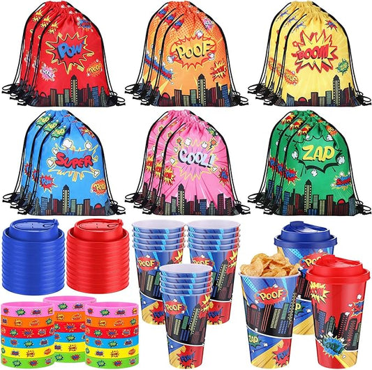 Potchen 72 Pcs Spider Party Favors Spider Birthday Party Supplies Hero Decorations for Guests Including Drawstring Gift Bags Cups and Wristbands for Christmas Birthday Gift Favors (Hero)