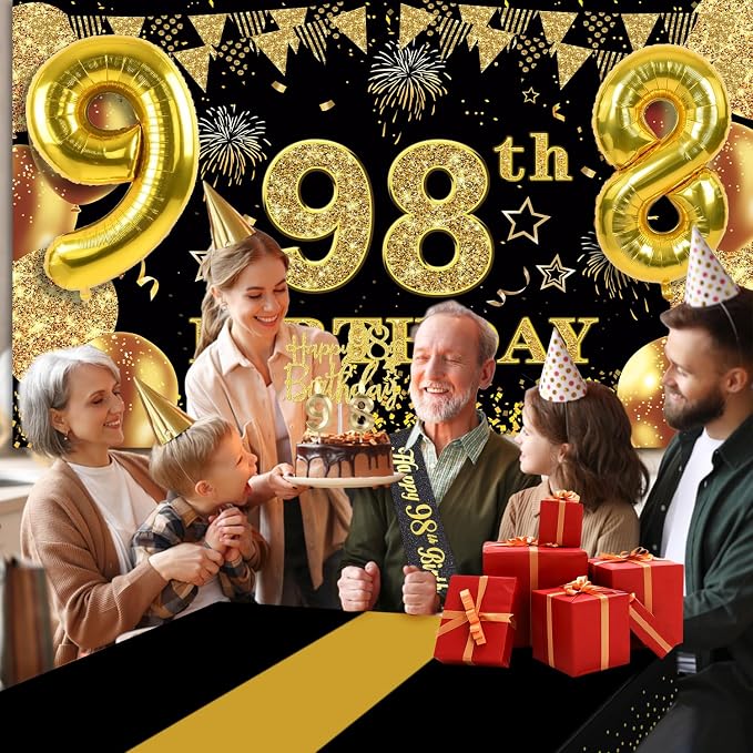 98th Birthday Decorations Men Women with 98th Birthday Banner, Black and Gold Table Cloth, Number Balloons, Large Sash, Cake Topper and Candles