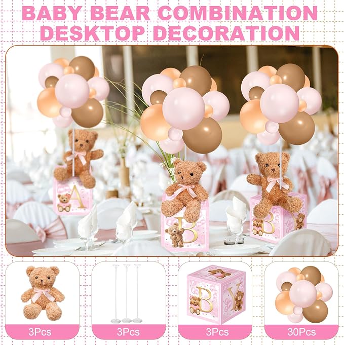 Lenwen 3 Sets Jungle Animal Decoration for Baby Shower Letter Boxes Baby Shower Table Centerpiece Stuffed Animals Balloon with Stand Plush Boxes for Party(Pastel,Bear)