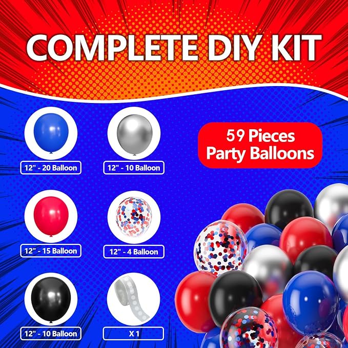 Black Red Blue Balloon Garland Arch Kit Birthday Party Decorations, Hero Foil Fringe Curtains Backdrop Tinsel Streamer Photo Booth Props for Hero Party Decor Supplies Favors