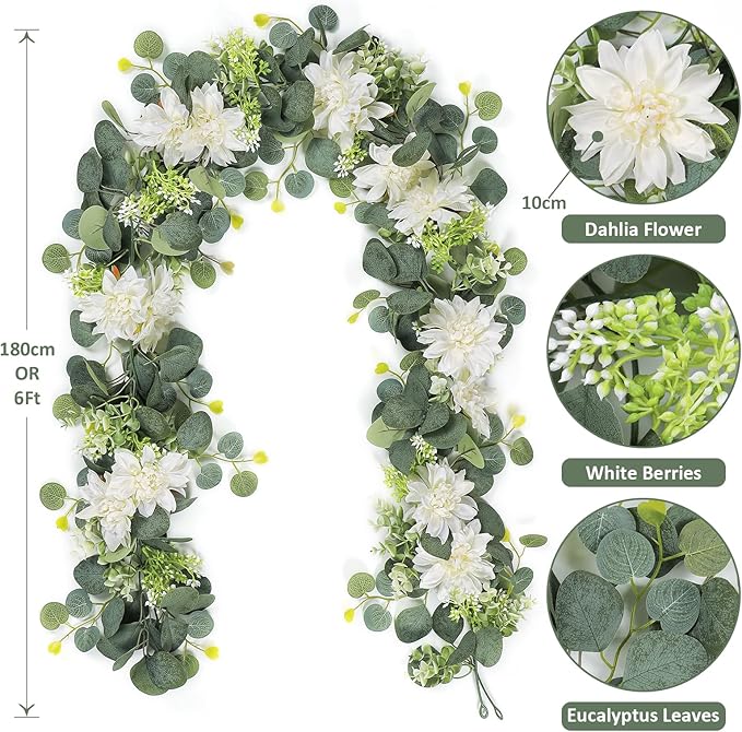 Dremisland Artificial Flowers Garlands 4 Pack 24Ft Eucalyptus Garlands with Flowers Dahlia Flower Vines Hanging Floral Garland for Wedding Arch Bedroom Home Wall Backdrop Room Decor