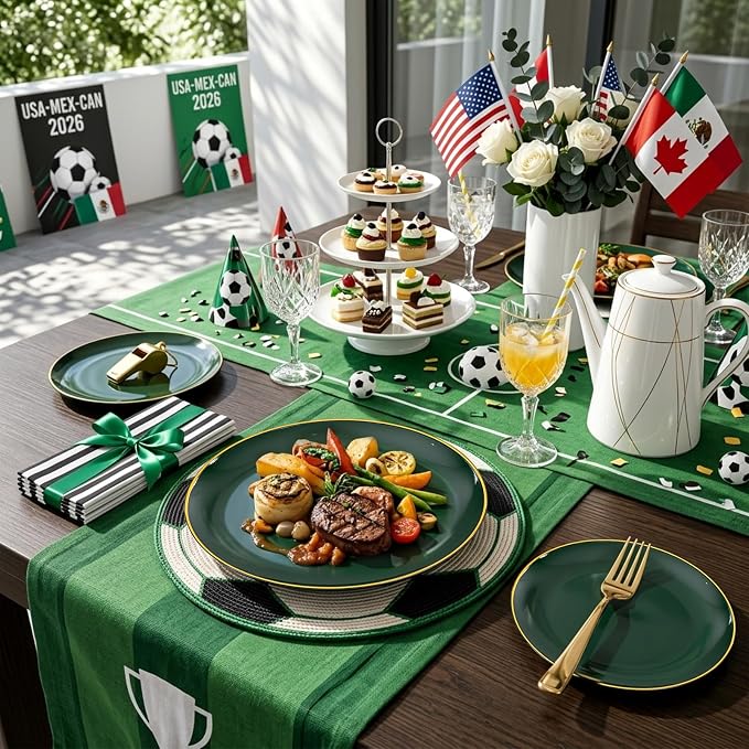 KIRE 350PCS Green Plates Disposable - Heavy Duty Green and Gold Plates - 50Guest Include Green Plastic Dinnerware - Pro Rolled Napkins with Gold Silverware and Cups for 2026 FIFA World Cup&Party