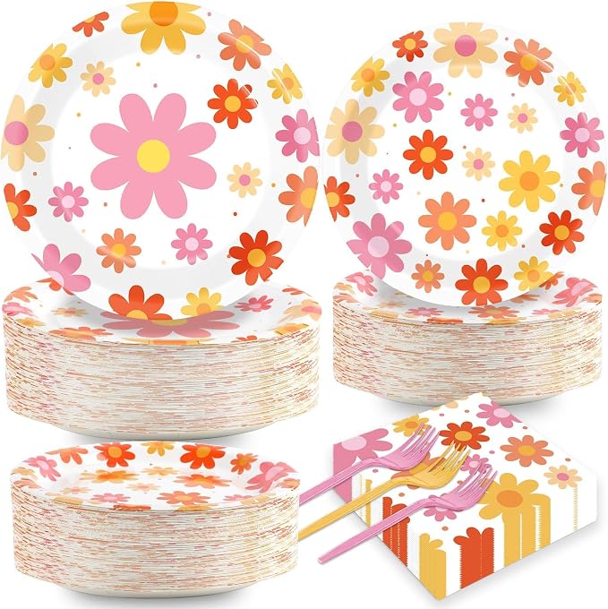 Qyeahkj 50 Guests Groovy Daisy Plates and Napkins Party Supplies Boho Hippie Party Decorations Disposable Tableware Set Retro Hippie Daisy Dinnerware Favor for Birthday Baby Shower,200PCS