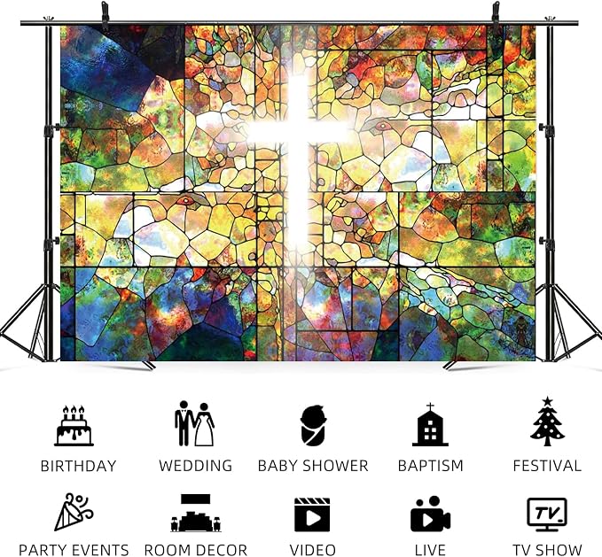 10x7ft Jesus Cross Backdrop Crucifix Church Event Photography Background Stained Glass Holy Bible Lord Pray Sanctuary Religious Baptism Banner Decorations Easter Portraits Photo Booth Prop