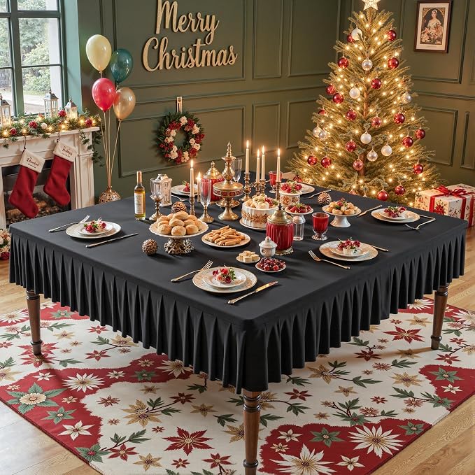Wish Care 2 Pack Black Spandex Tablecloths for 60x60 Inch Square Tables, Stretch Fitted Table Clothes with Pleated Ruffle Skirt for 60” Table, Wrinkle Free and Elastic, for Party Kitchen Home Dining