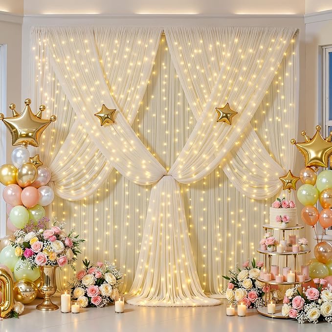 20×15ft Champagne Tulle Backdrop Curtain with Lights String for Parites Sheer Fabric Backdrop Curtains for Wedding Baby Shower Birthday Party Backdrop Drapes Photo Shoot Background 4 Panels 5ft×15ft