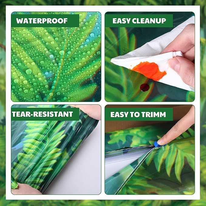 Oudain 54 Inch x 100 ft Rainforest Jungle Trees VBS 2026 Photo Wall Backdrop Tablecloth Roll with Cutter Box, Plastic Tablecloth for Rainforest Greenery Background Tropical Jungle Party Decor