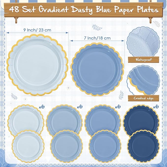 Mimorou 342 Pcs Dusty Blue Party Supplies Blue Tableware for 48 Guests Paper Disposable Plates Napkins Cups Plastic Tablecloth Navy Triangle Banner for Wedding Graduation Birthday
