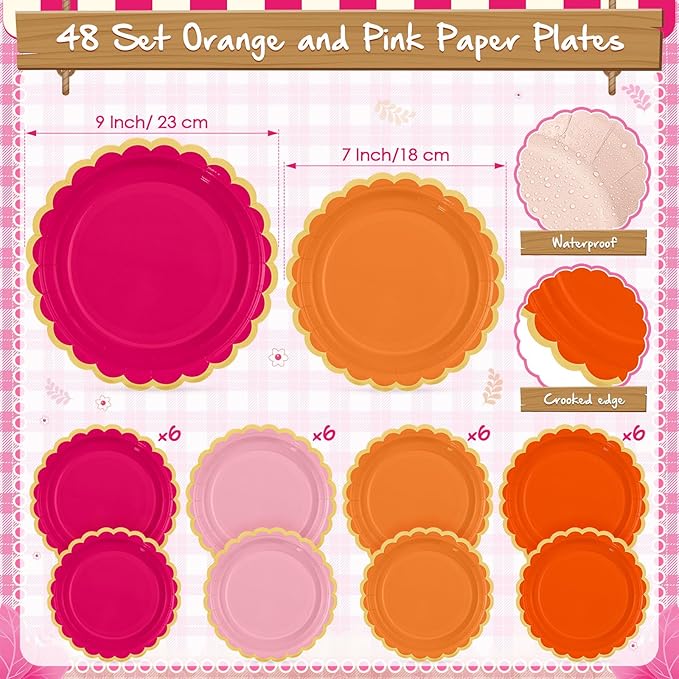 Mimorou 342 Pcs Pink and Orange Plates and Napkins Pink and Orange Tableware Paper Disposable Plates Napkins Cups Plastic Tablecloth Triangle Banner for Wedding Bachelorette Birthday Party Supplies