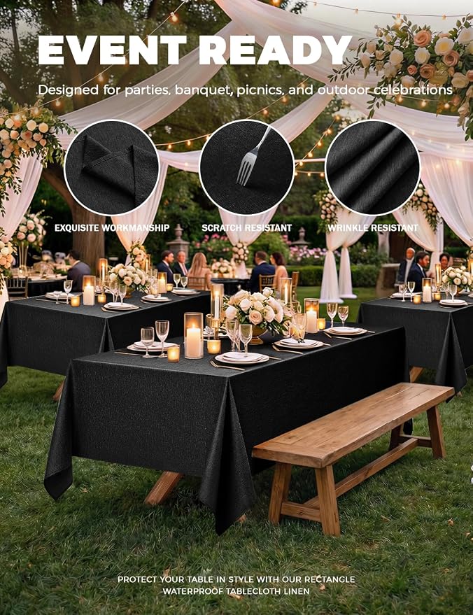 Decorelia Black Linen Texture Tablecloths for Rectangle 4 Ft Table-2 Pack, Washable Polyester Rustic Reusable Rectangular Table Cloth Cover for Wedding,Outdoor,Events,Party,Banquet, Dining, 60x84 Inch
