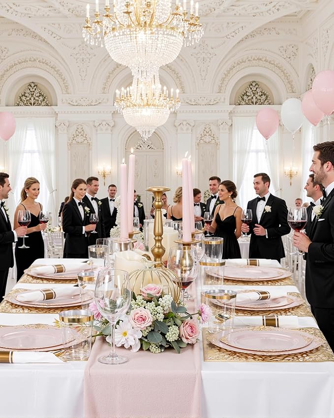 Nervure 700PCS Pink Gold Plastic Plates - Pink Plastic Dinnerware Sets for 100 Guests - 200 Disposable Plates, 300 Silverware, 100 Cups, 100 Napkins for Wedding, Party & Mothers Day