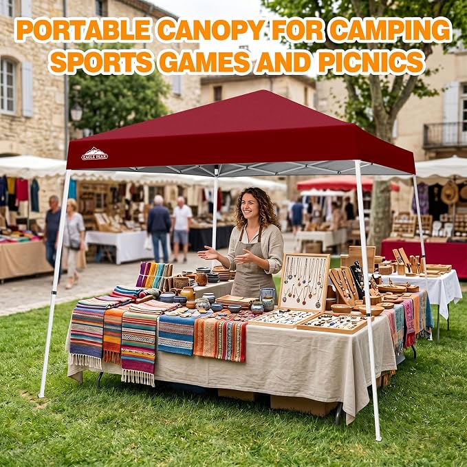 EAGLE PEAK 10x10 Slant Leg Pop-up Canopy Tent Easy One Person Setup Instant Outdoor Beach Canopy Folding Portable Sports Shelter 10x10 Base 8x8 Top (Burgundy)