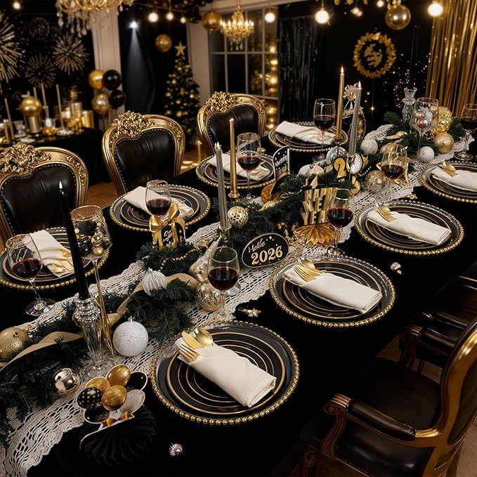 WDF 200PCS Black and Gold Plastic Plates - Black Plates Disposable for Party - Heavy Duty Plastic Plate for Wedding/Party/Birthday/Graduation
