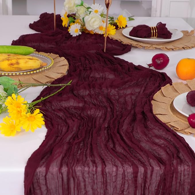 Snowkingdom Burgundy Red Easter Spring Table Runner, 10 Ft Cheesecloth Gauze Rustic Boho Cheese Cloth Runner for Wedding Birthday Bridal Baby Shower Christmas Holiday Long Sheer Home Decorations