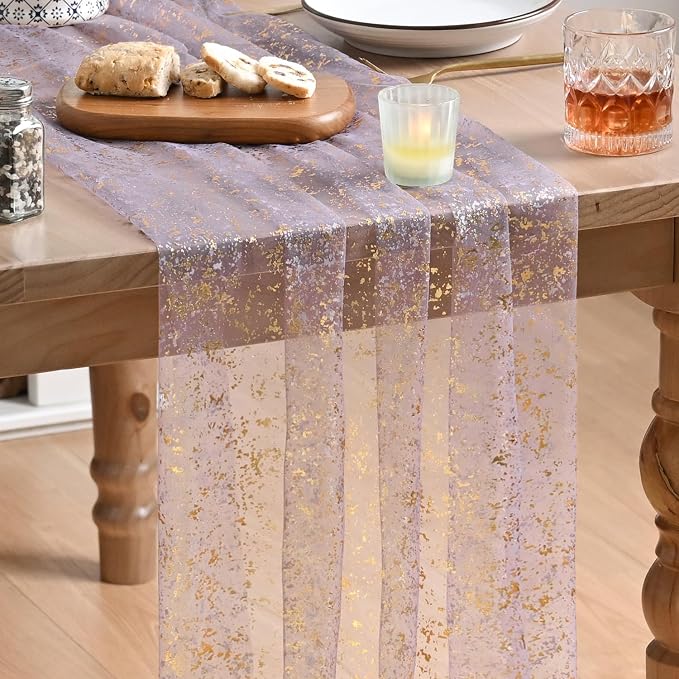 Artoid Mode 3Pcs Grayish Purple Gauze Gold Table Runner 10FT, Glitter Metallic Foil Sheer Dining Wedding Anniversary Holiday Table Decor for Home Party
