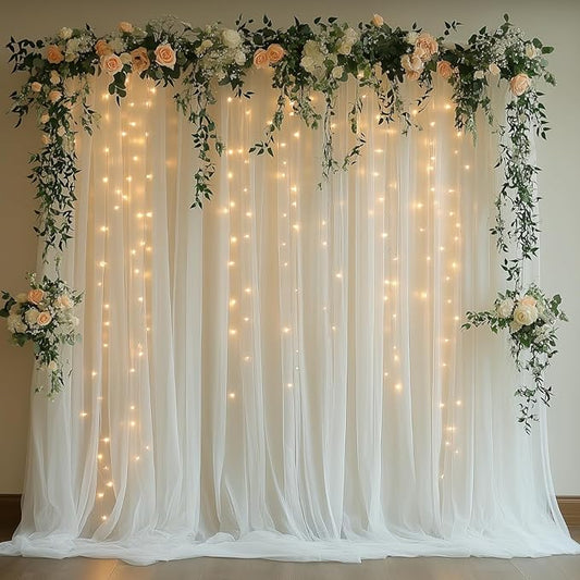 White Tulle Backdrop Curtain with Lights - 10x8ft Sheer Backdrop with 250 LEDs for Wedding, Baby Shower, Bridal Shower, Birthday Party Photo Shoot Background and Home Decorations
