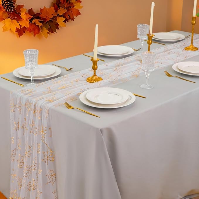 Snowkingdom 10ft Fall Table Runner, Gold Maple Leaves Thanksgiving Table Decorations, White Gauze Chiffon Sheer Cheesecloth Runner for Autumn Harvest Glitter Sparkle Dining Party Decor 120 Inches