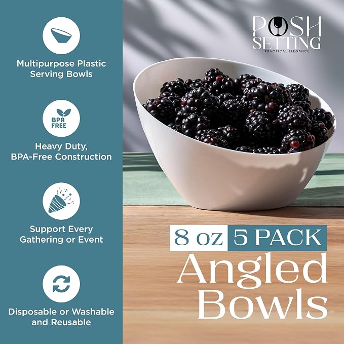 Posh Setting - White Plastic Serving Bowls for Party Angled Bowls Disposable Chip Bowls Candy Bowls for Party Table Salad and Fruit Bowls for Wedding Serving Bowls - White, 8 OZ, 5 Pack