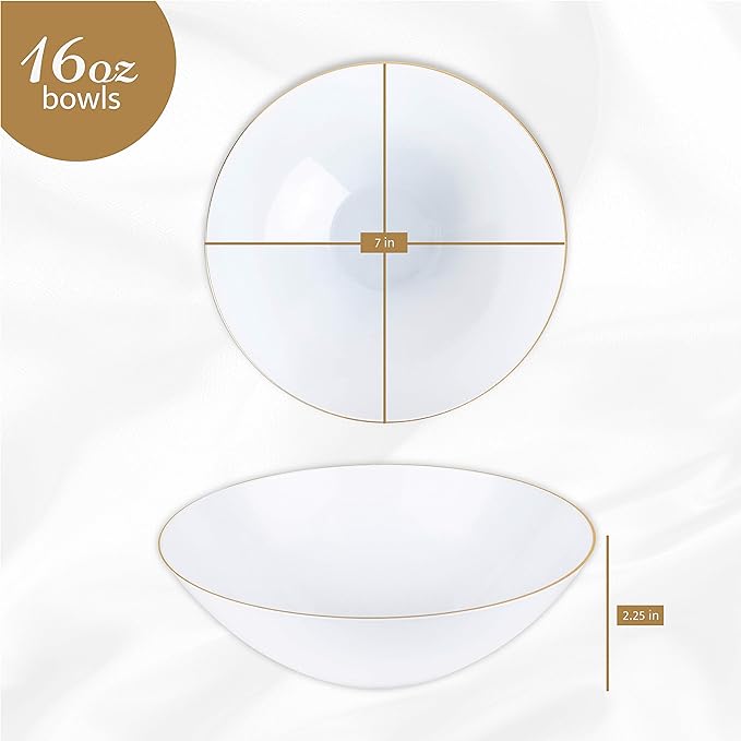 PLASTICPRO White Plastic Floral Design Party Plates With Gold Rim Premium heavyweight Elegant Disposable Tableware Dishes (120, 16 OUNCE BOWLS)