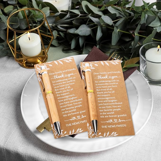 Affrolling 100 Sets Wedding Favors for Guests, Bamboo Pen Set with Thank You Cards, Guest Book & Sign In Table Pen Favors, Bridal Shower Party Favor Pens Bulk