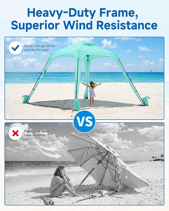 Slsy Beach Tent 10 x 10 FT, Beach Shelter with Removable Side Wall, UPF 50+ Sun Protection Canopy Cabana, Easy Setup Shade with Sandbags, Stakes & Guy Lines, Wind Resistant, Fits 6-8 People