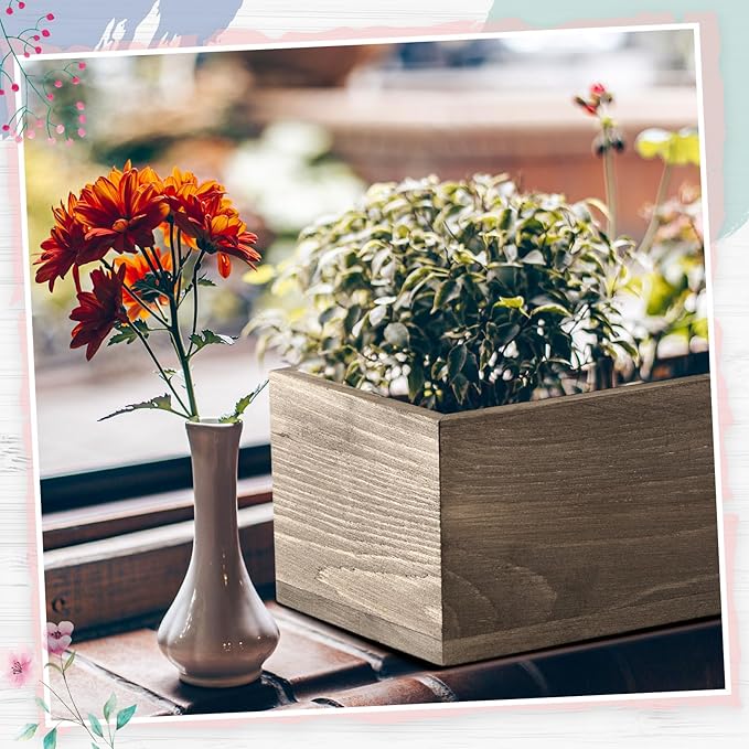 Dandat 4 Set Wood Boxes for Centerpieces 12x4 Inch Rectangle Wooden Planter Box Rustic Wooden Planters with Removable Plastic Liner Floral Foam Blocks for Christmas Wedding Home Garden Decor(Brown)