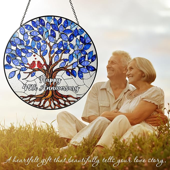 45th Wedding Anniversary Stained Glass Suncatcher, 6x6' Anniversary Decorations, 45th Celebration Marriage Gifts for Parents, Couple, Wife & Husband, 45 Wedding Milestone Keepsake