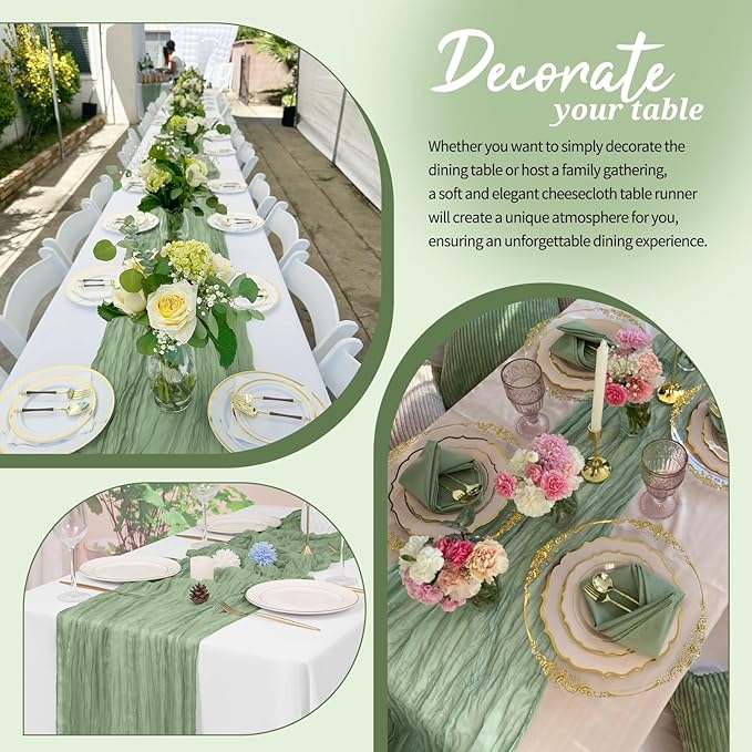 10 Pack Cheesecloth Table Runner Sage Green, Rustic Boho Gauze Fabric Table Runner Romantic Table Runner for Wedding, Festival, Birthday, Anniversary, Dinner and Outdoor Events (17.7 x 108 inch)